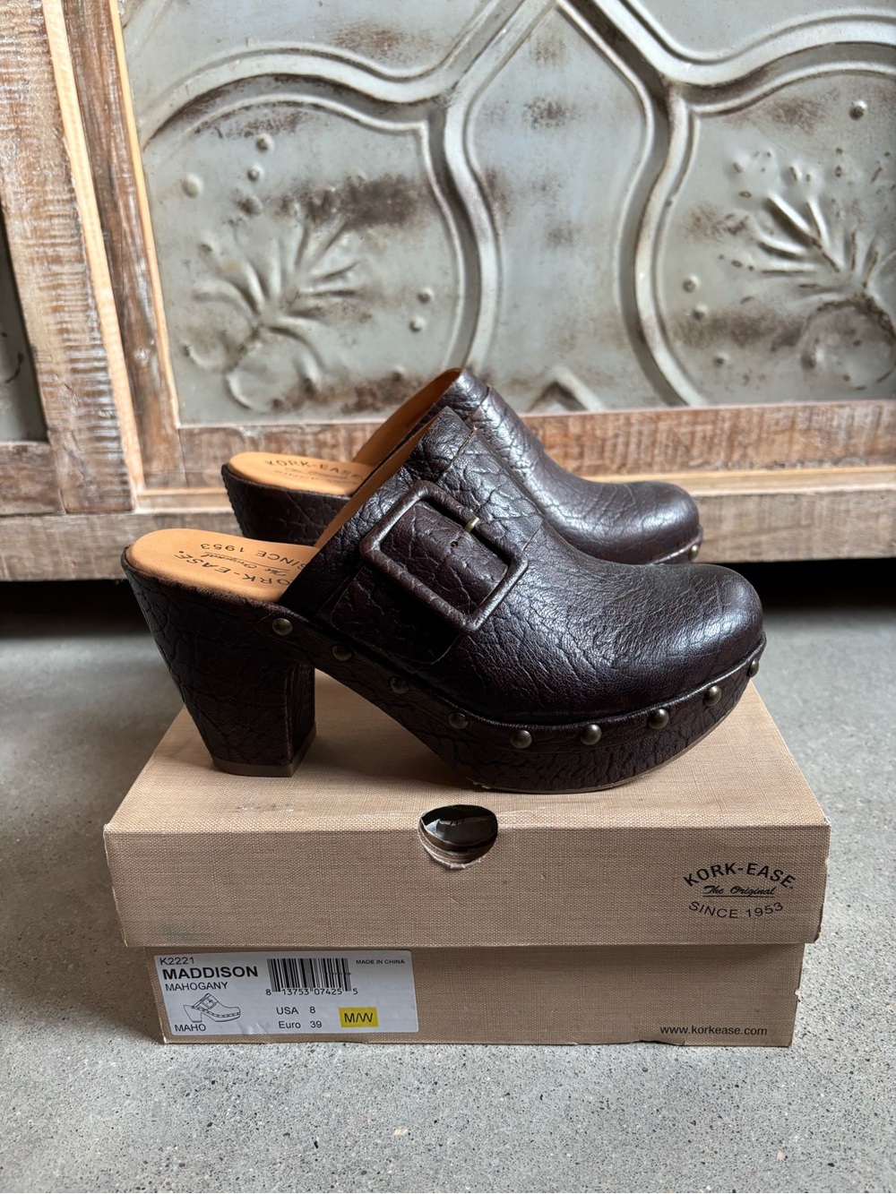 Kork-Ease “Maddison” Leather Platform Clogs, Sz 8/39